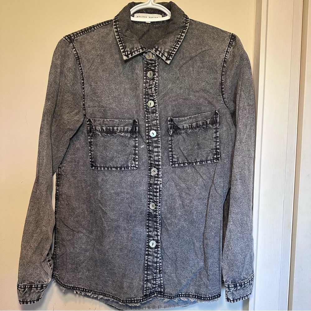 Melissa Nepton Grey Tencel Button Down Shirt, Denim Look, Fringe Detail, Sz S